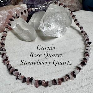 16” Garnet, Rose Quartz and Strawberry Quartz Gemstone Choker Necklace